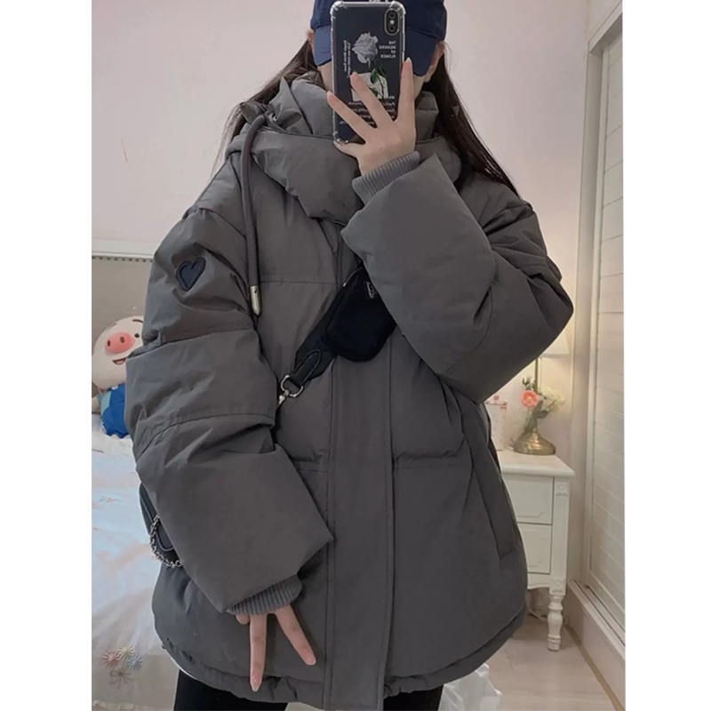 反季灰色羽绒服女冬季韩版宽松加厚棉衣中长版小个子连帽铺棉外套