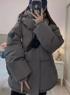 反季灰色羽绒服女冬季韩版宽松加厚棉衣中长版小个子连帽铺棉外套