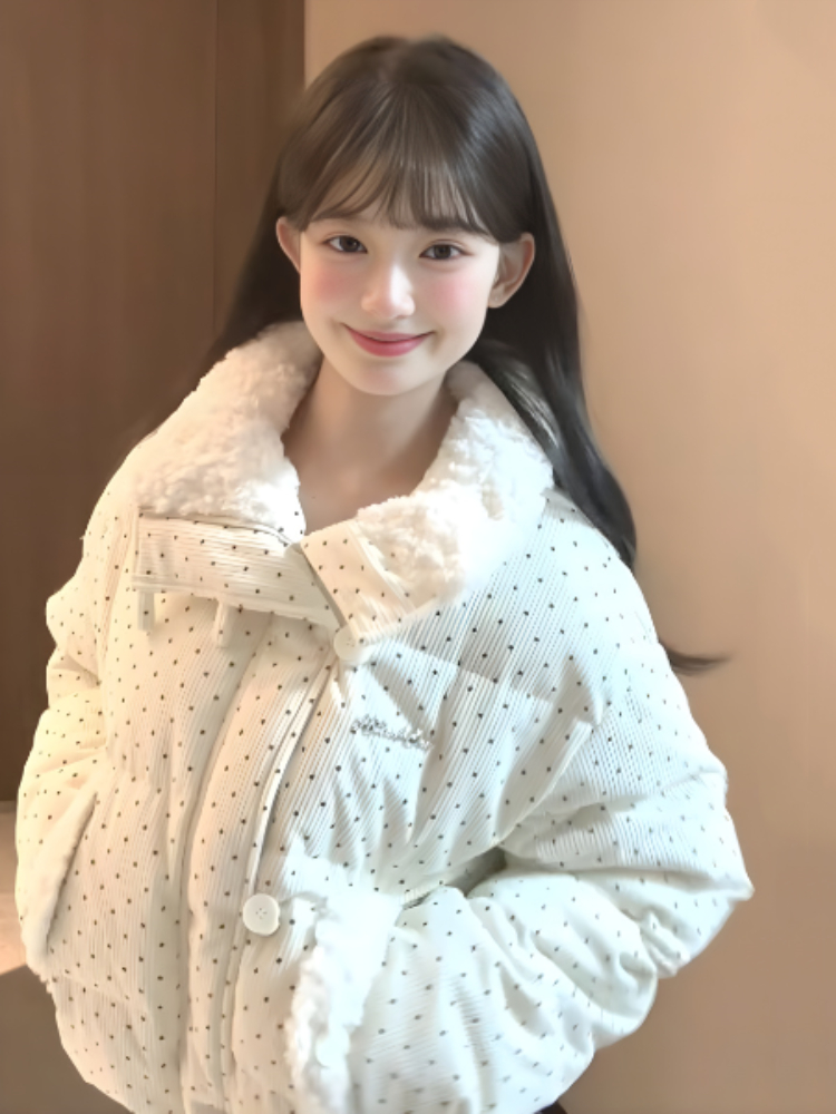 灯芯绒波点羽绒棉服冬季爆款加厚宽松毛领面包服巨好看厚夹棉外套