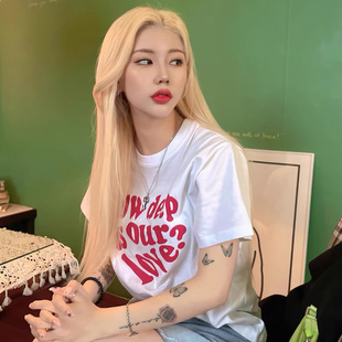 韩国爱心字母短袖T恤黄礼志文星伊同款衣服打底衫