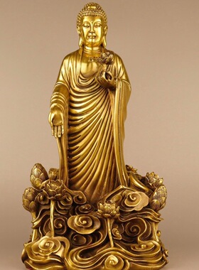 黄铜如来佛祖摆件家居供养莲花祥云立佛释迦摩尼佛大日如来铜佛像