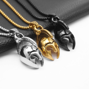 跨境铸造复古面具面罩吊坠个性古希腊斯巴达头盔朋克嘻哈钛钢项链