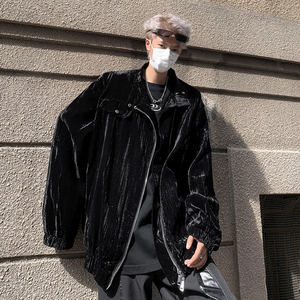 高街絲絨條紋美式簡約復(fù)古不對(duì)稱斜拉鏈夾克痞帥B297-302-P115圖片