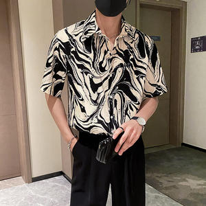 社会轻奢垂坠感水墨折皱花衬衫潮牌B297-2316-P55控88图片