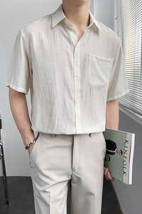 轻熟风纯色短袖免烫宽松休闲尖领衬衫B297-7787-P58控78图片