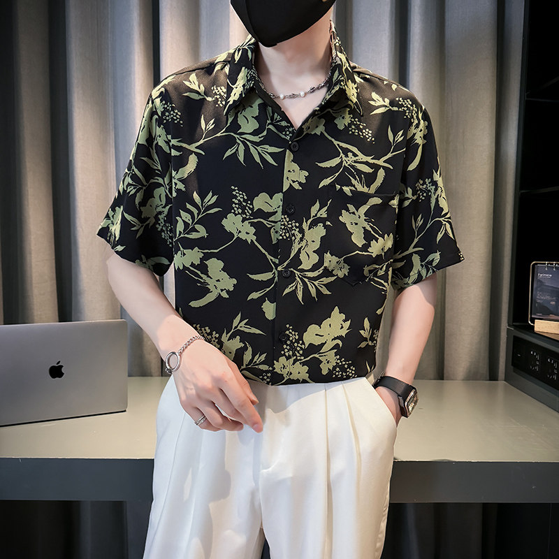 社会风美式复古水墨画满印短袖衬衫1B297-357-P45,男装衬衫,电商B297