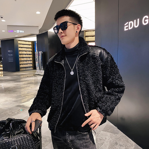 社会风纯色PU皮拼接立领羊羔绒棉衣外套B297-2823-P155控215图片