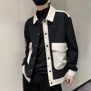 社会风纯色大口袋撞色翻领宽松夹克外套B297-207-P115控158图片