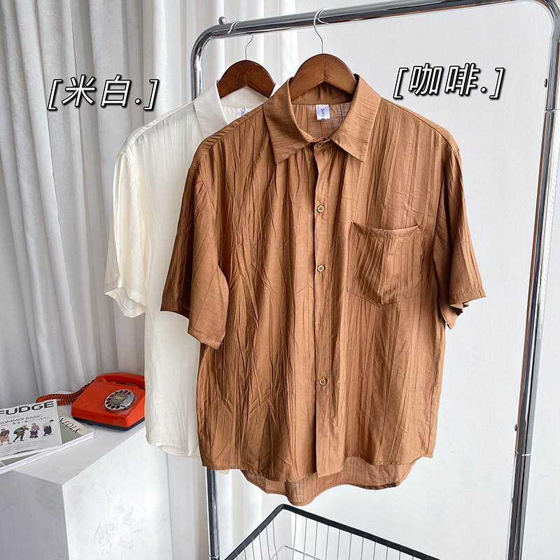社会轻奢青春纯色宽松短袖休闲尖领痞帅衬衫B297-7787-P58控78,男装衬衫,电商B297