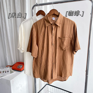 社会轻奢青春纯色宽松短袖休闲尖领衬衫B297-7787-P58控78图片