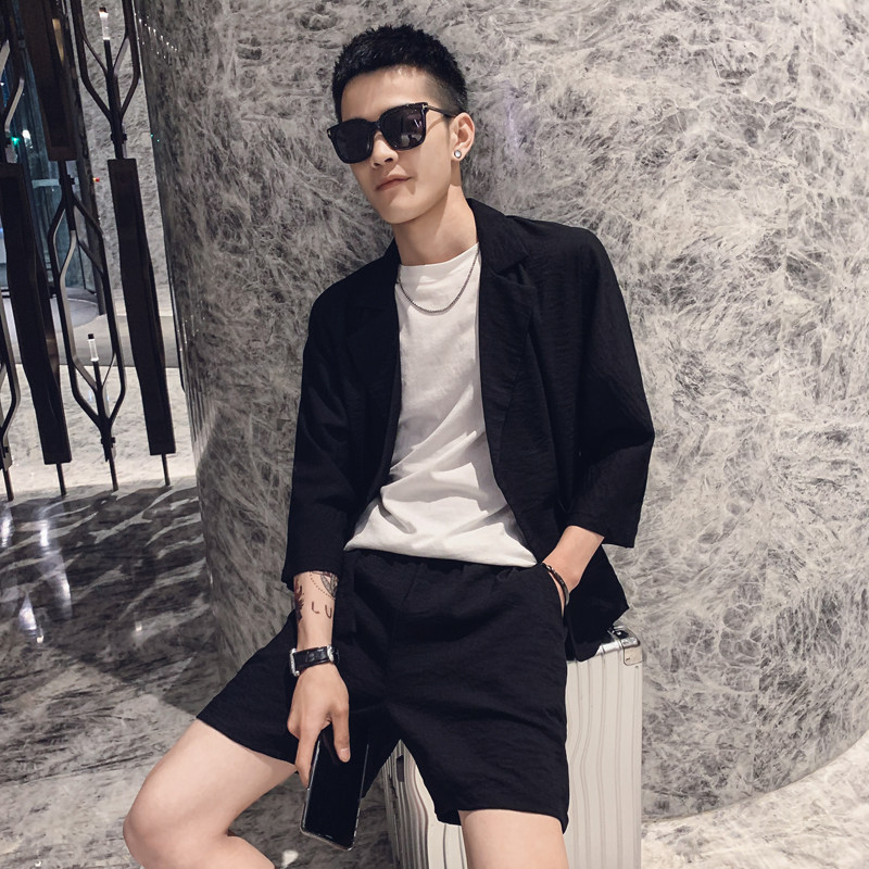 社会风纯色两件套配腰带短裤帅气西装套装B297-1921，男装套装，电商B297