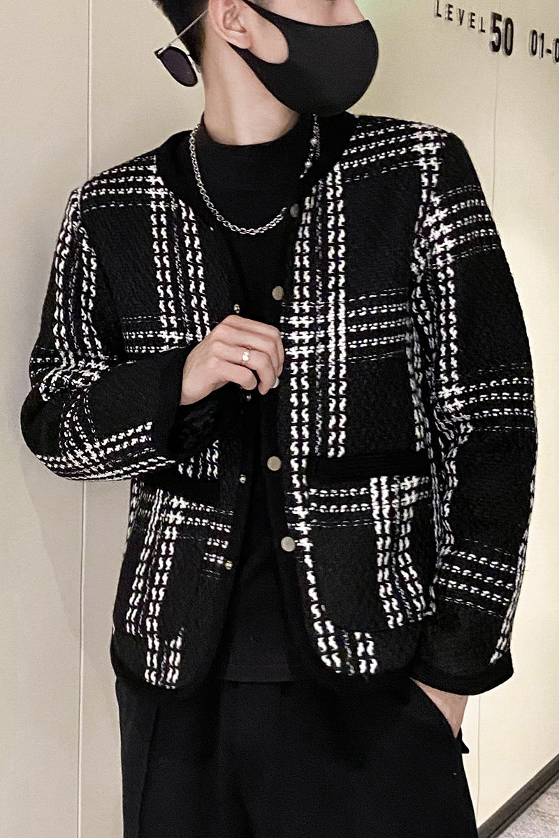社会风纯色格子无领加厚纽扣衣B297-7758-P130控168,男装棉衣,电商B297