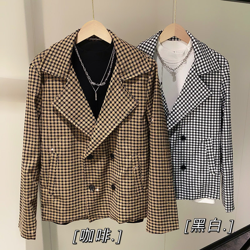 社会轻奢春秋千鸟格亮珠西装领双排扣夹克外套B297-7767-P98控138,男装夹克,电商B297
