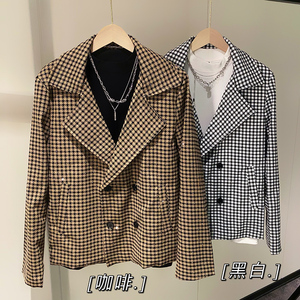 社会轻奢春秋千鸟格亮珠西装领双排扣夹克外套B297-7767-P98控138图片