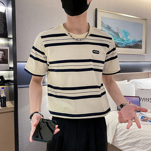 社会轻奢条纹刺绣圆领高品质重磅T恤上衣B297-231-P48控69图片