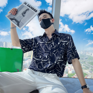 雅痞风免烫短袖宽松抽象印花尖领花衬衫潮男B297-7786-P58控78图片
