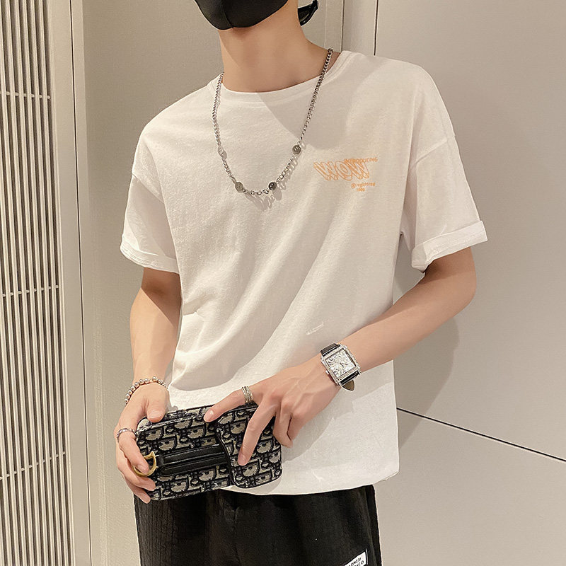 社会风后背街头英文印花宽松T恤潮男B297-157-P35控58图片