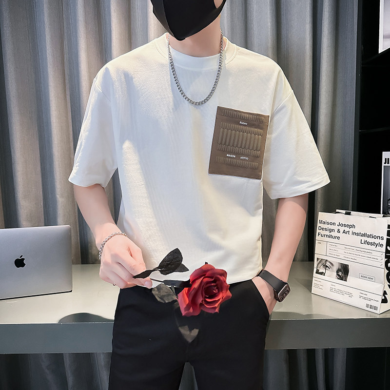社会轻奢重磅纯色宽松痞帅撞色口袋T恤6B297-319-P48,男装T恤,电商B297