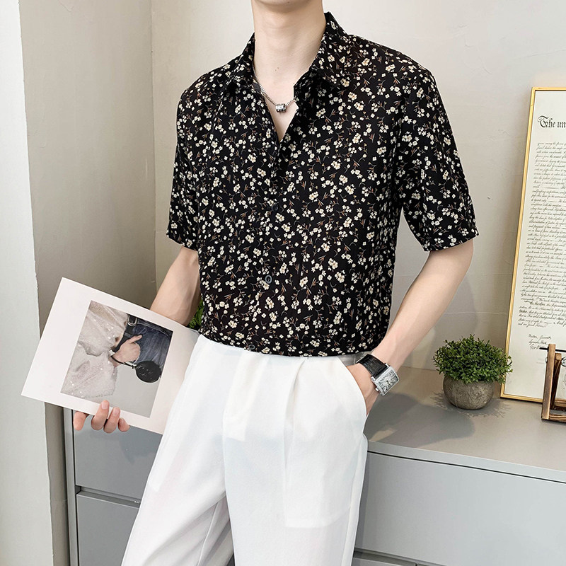 轻熟风小碎花夏季休闲短袖衬衫痞帅B297-7775-P53控78,男装衬衫,电商B297