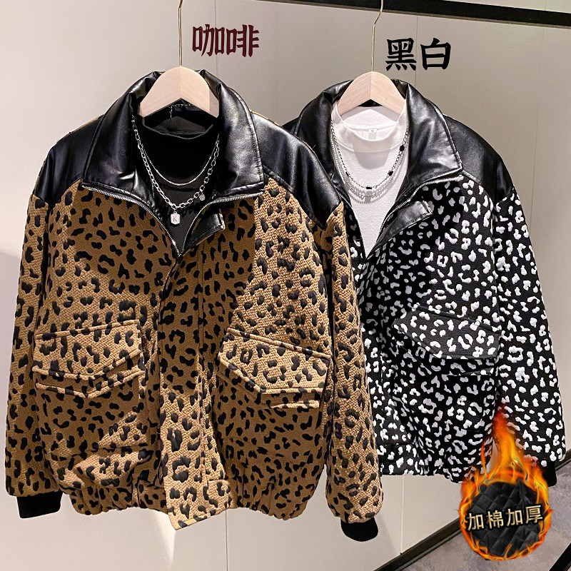 社会轻奢风豹纹PU皮拼接加修身衣上衣B297-1812-P138控178,男装棉衣,电商B297