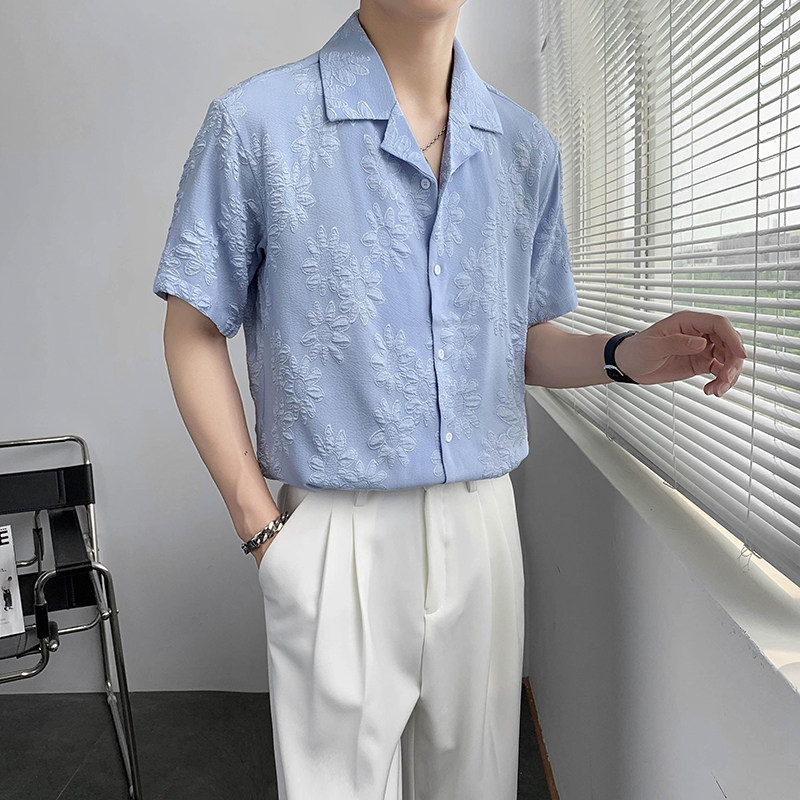 轻熟风纯色宽松碎花提花短袖休闲衬衫上衣B297-7780-P58控78,男装衬衫,电商B297