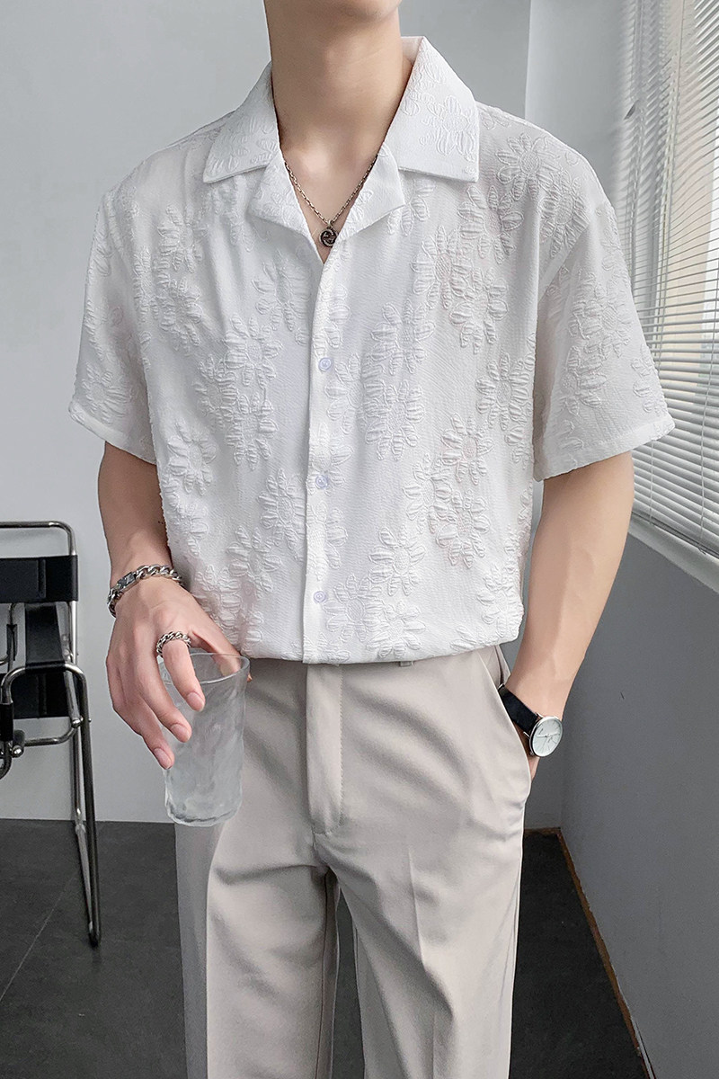 轻熟风纯色宽松碎花提花短袖休闲衬衫上衣B297-7780-P58控78,男装衬衫,电商B297