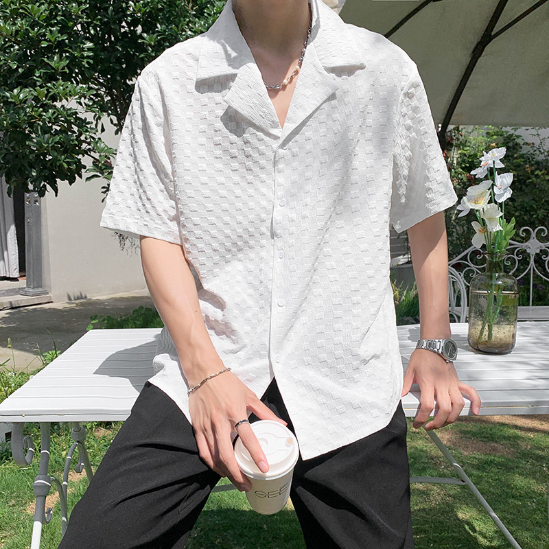 社会轻奢纯色棋盘格古巴领衬衫痞帅B297-2313-P55控88,男装衬衫,电商B297