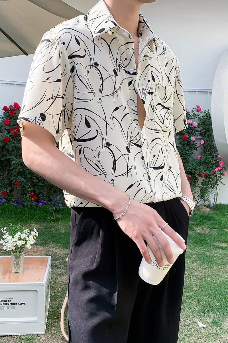 社会轻奢宽松抽象线条花衬衫B297-262-P55控88,男装衬衫,电商B297