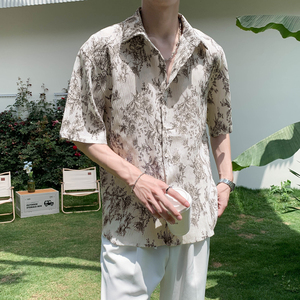 社会轻奢宽松半袖碎花折皱衬衫B297-2317-P55控88图片