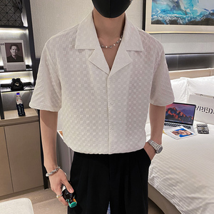 社会轻奢纯色古巴领棋盘格子宽松衬衫上衣B297-2313-P55控88图片