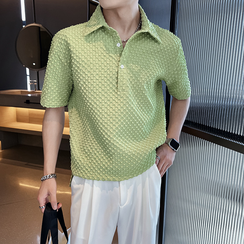 社会轻奢纯色宽松格子短袖翻领POLO衫寸衫B297-7781-P58控78，男装Polo衫，电商B297