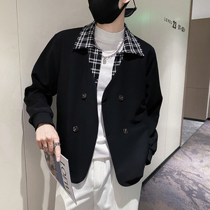 社会轻奢纯色假两件翻领双排扣休闲夹克B297-7763-P110控148图片