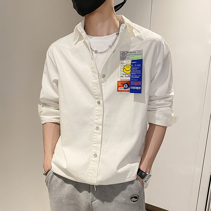 雅痞风春秋长袖宽松纯色尖领贴标衬衫B297-7701-P73控108,男装衬衫,电商B297