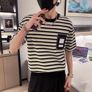 社会轻奢高品质条纹宽松T恤痞帅B297-253-P50控78图片