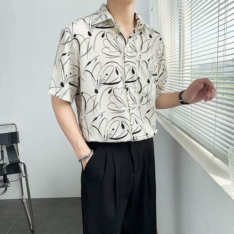 轻熟风纯色碎花休闲宽松短袖尖领花衬衫B297-7786-P58控78,男装衬衫,电商B297