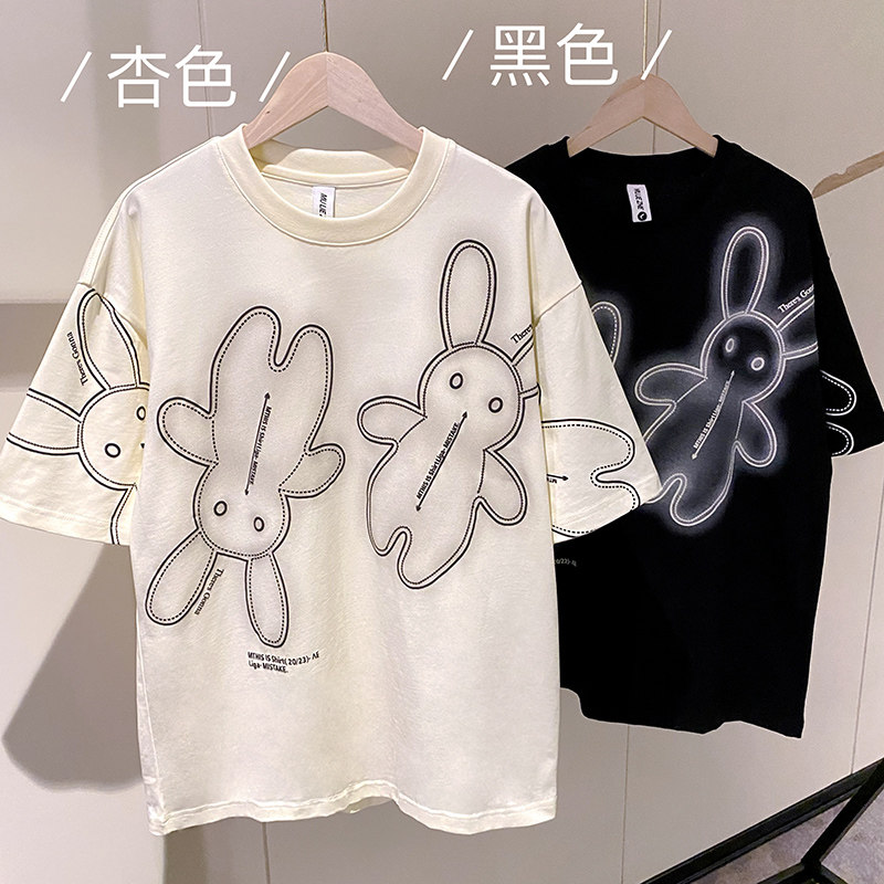 社会轻奢纯色兔子印花宽松半袖潮牌T恤体恤B297-236-P48控68图片