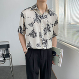 轻熟风宽松休闲碎花短袖尖领花衬衫上衣B297-7785-P58控78，男装衬衫，电商B297