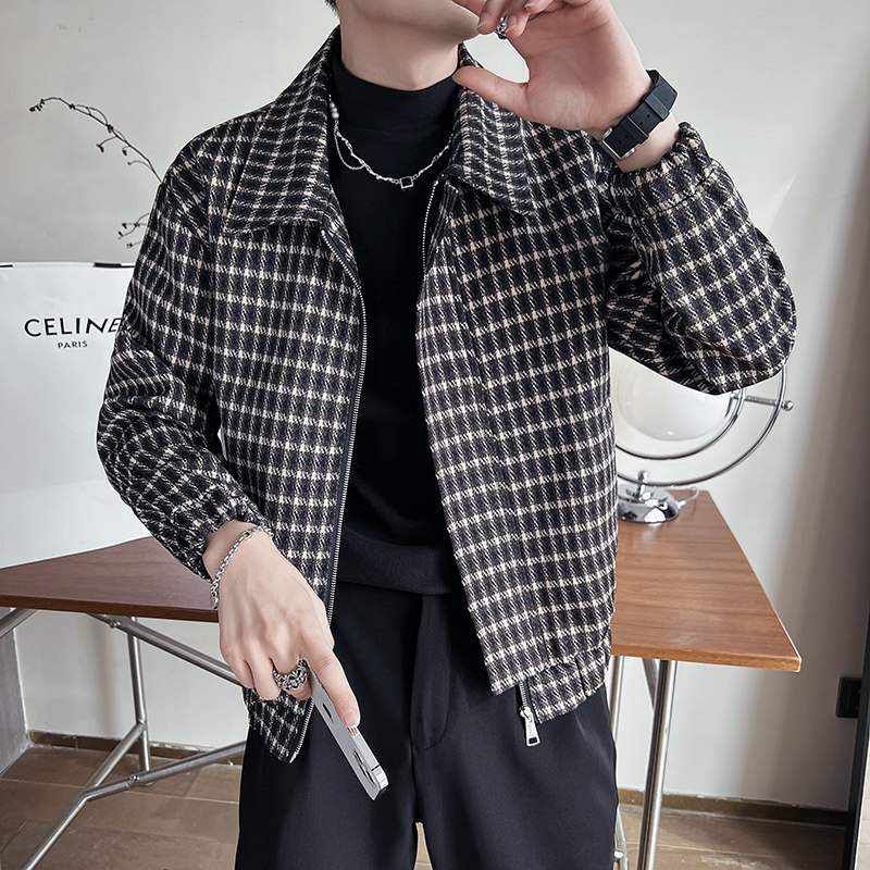 雅痞风纯色格子翻领休闲长袖青春夹克B297-1806-P115控158，男装夹克，电商B297