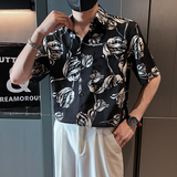 社会轻奢短袖流行宽松休闲花朵尖领花痞帅衬衫B297-7785-P58控78，男装衬衫，电商B297