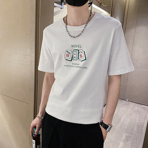 社会风纯色趣味宽松印花圆领T恤上衣B297-211-P35控58