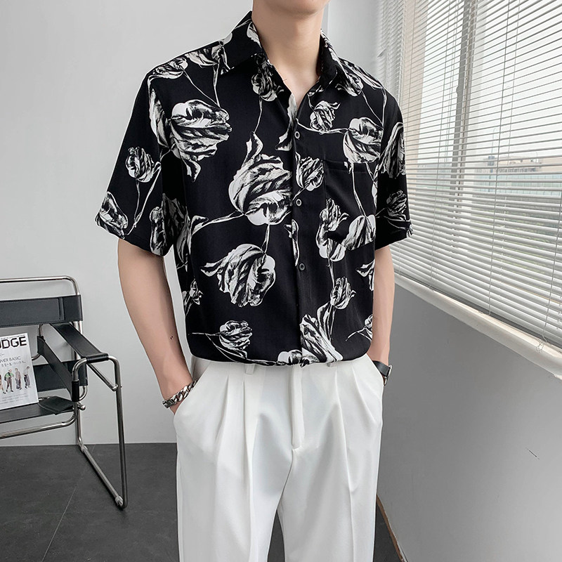 轻熟风宽松休闲碎花短袖尖领花衬衫B297-7785-P58控78,男装衬衫,电商B297