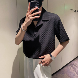 社会轻奢纯色古巴领棋盘格子宽松衬衫上衣B297-2313-P55控88,绿色球鞋怎样搭配图片