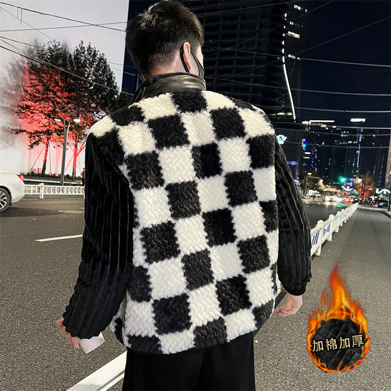 社会轻奢风棋盘格仿皮草加厚皮毛一体衣B297-7760-P158控208,男装棉衣,电商B297