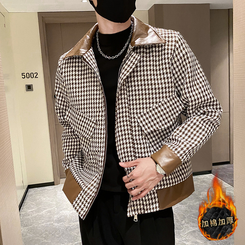 社会轻奢风千鸟格PU皮拼接加修身衣上衣B297-1809-P130控168图片