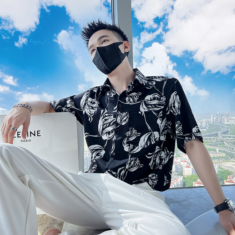 雅痞风短袖流行宽松休闲花朵尖领花衬衫潮男B297-7785-P58控78图片