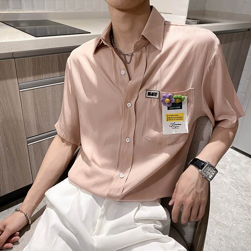 社会风纯色贴标宽松短袖衬衫潮男B297-7732-P58控78,男装衬衫,电商B297