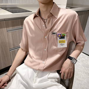 社会风纯色贴标宽松短袖衬衫B297-7732-P58控78图片
