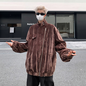 高街純色絲絨條紋美式簡約復(fù)古不對(duì)稱斜拉鏈夾克B297-302-P115圖片