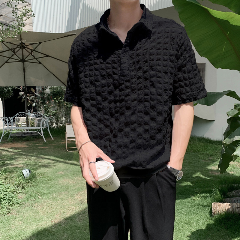 社会轻奢纯色立体格子套头半袖衬衫上衣B297-2315-P55控88,男装衬衫,电商B297