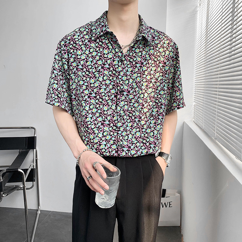 轻熟风宽松休闲碎花夏季短袖花衬衫上衣B297-7779-P58控78,男装衬衫,电商B297